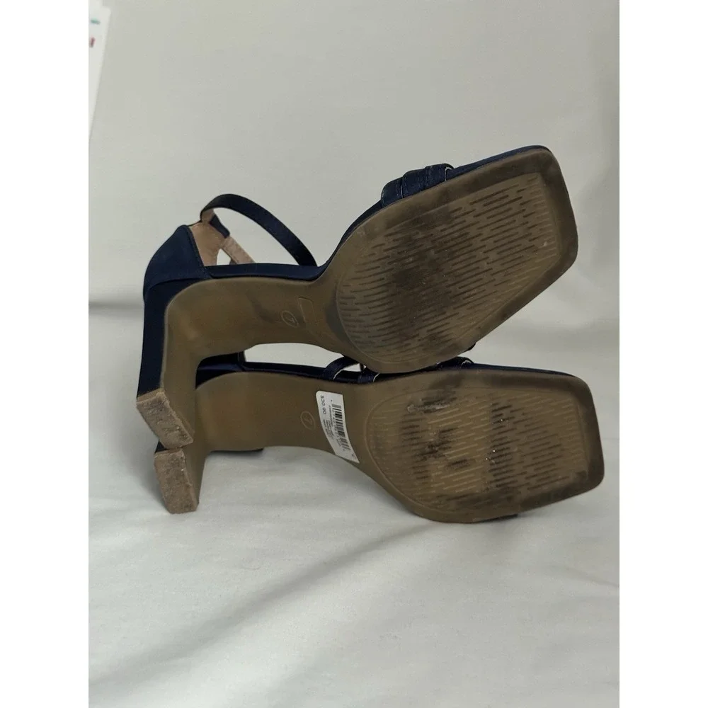 Women's Navy Blue Heel 7 Ankle Strap Open Toe Square Wedding Party  Sandal Heels